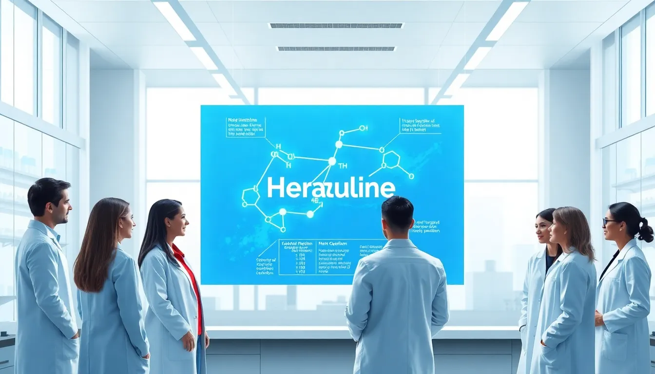 scientists discussing the molecular structure of herazuline in a lab.