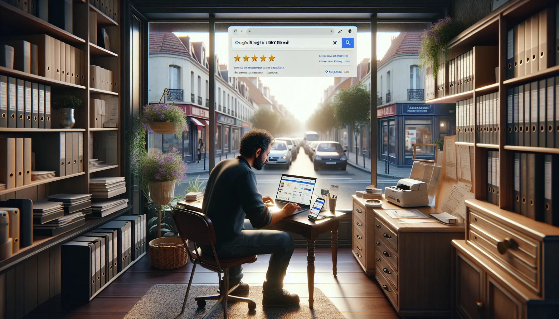 Small business owner in Montfermeil checking improved Google visibility on laptop.