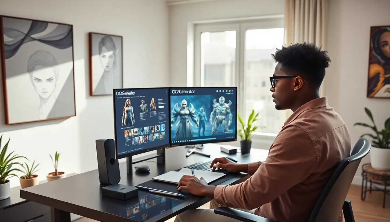 developer creating characters for CK2Generator in a modern office.