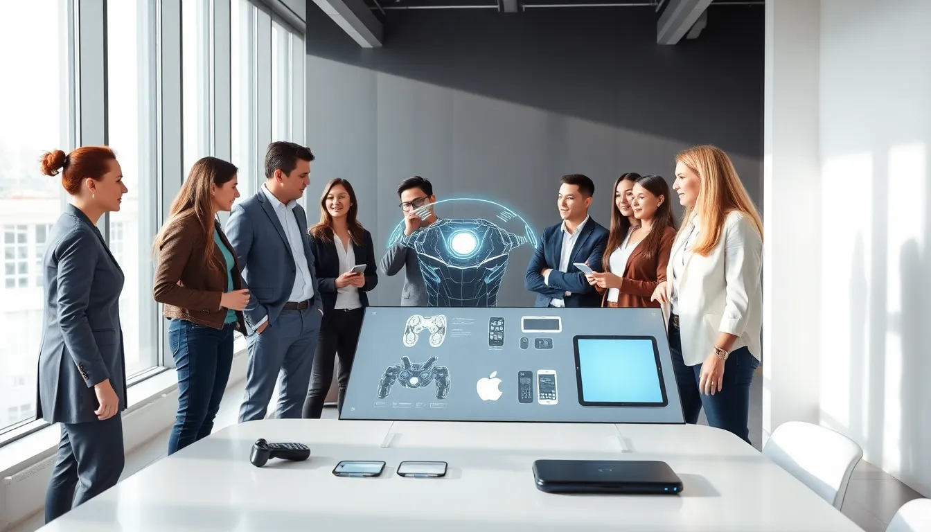 diverse team discussing superhero gadgets in a modern office.