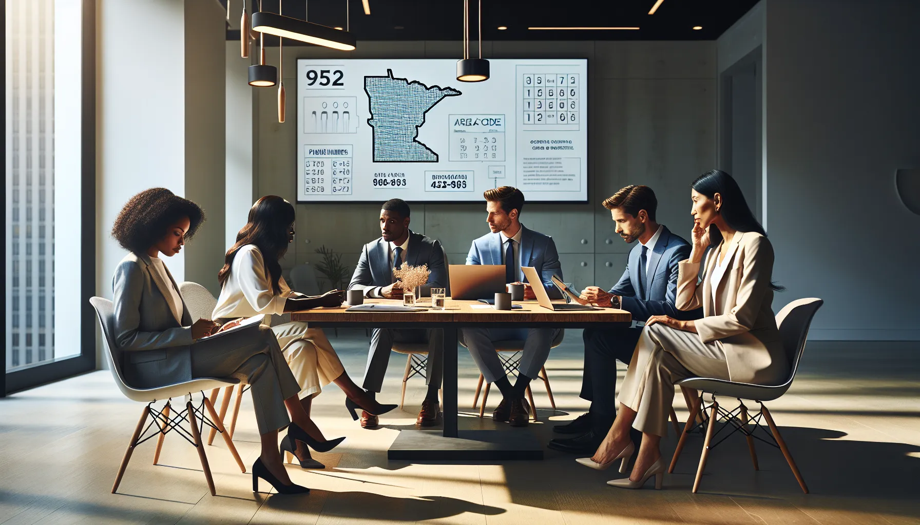 diverse professionals discussing phone number structures in a modern office.