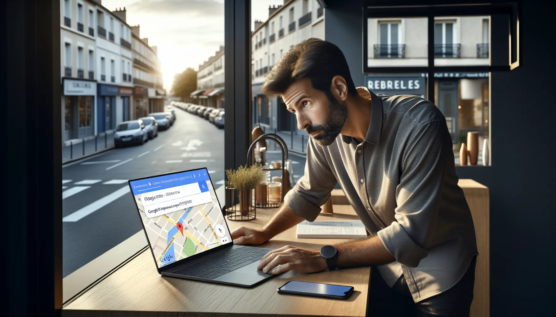 Local business owner in Villepinte checking Google search and Maps visibility on laptop.