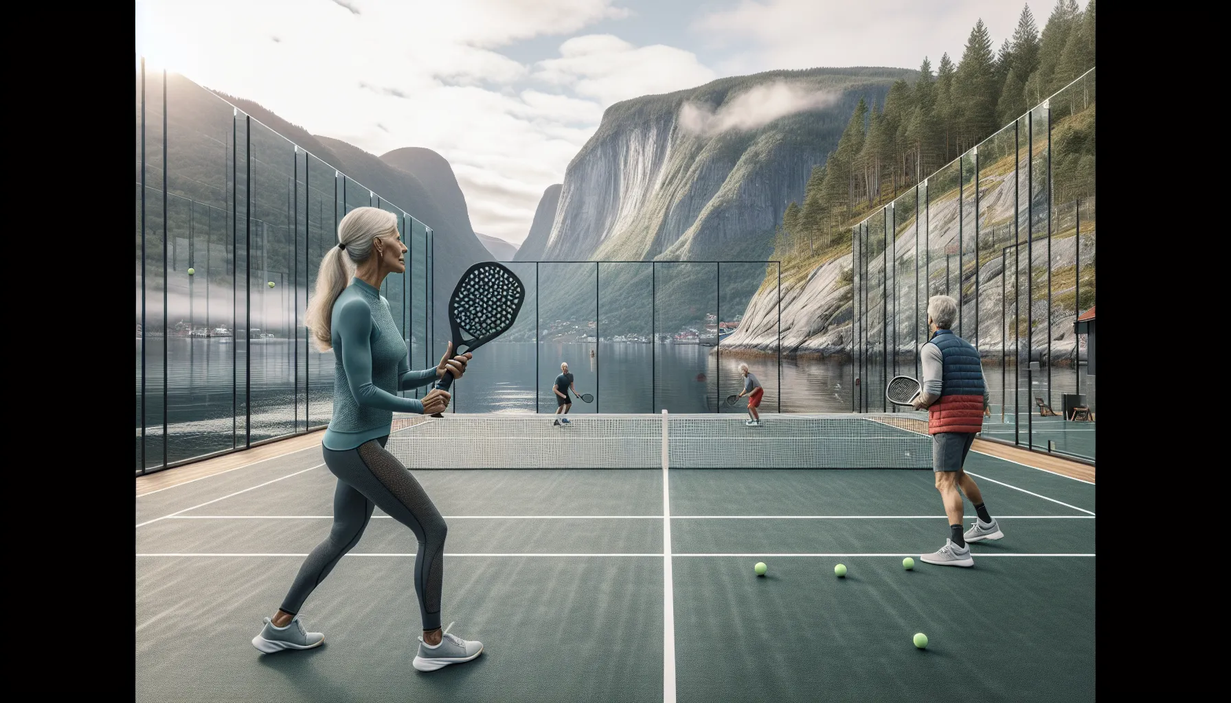Padel for eldre: hvorfor sporten er perfekt for alle aldre 2 Older adults play relaxed doubles padel on a fjordside court in norway.