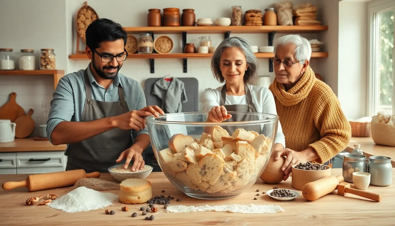 diverse bakers making bread cookies in a warm kitchen.