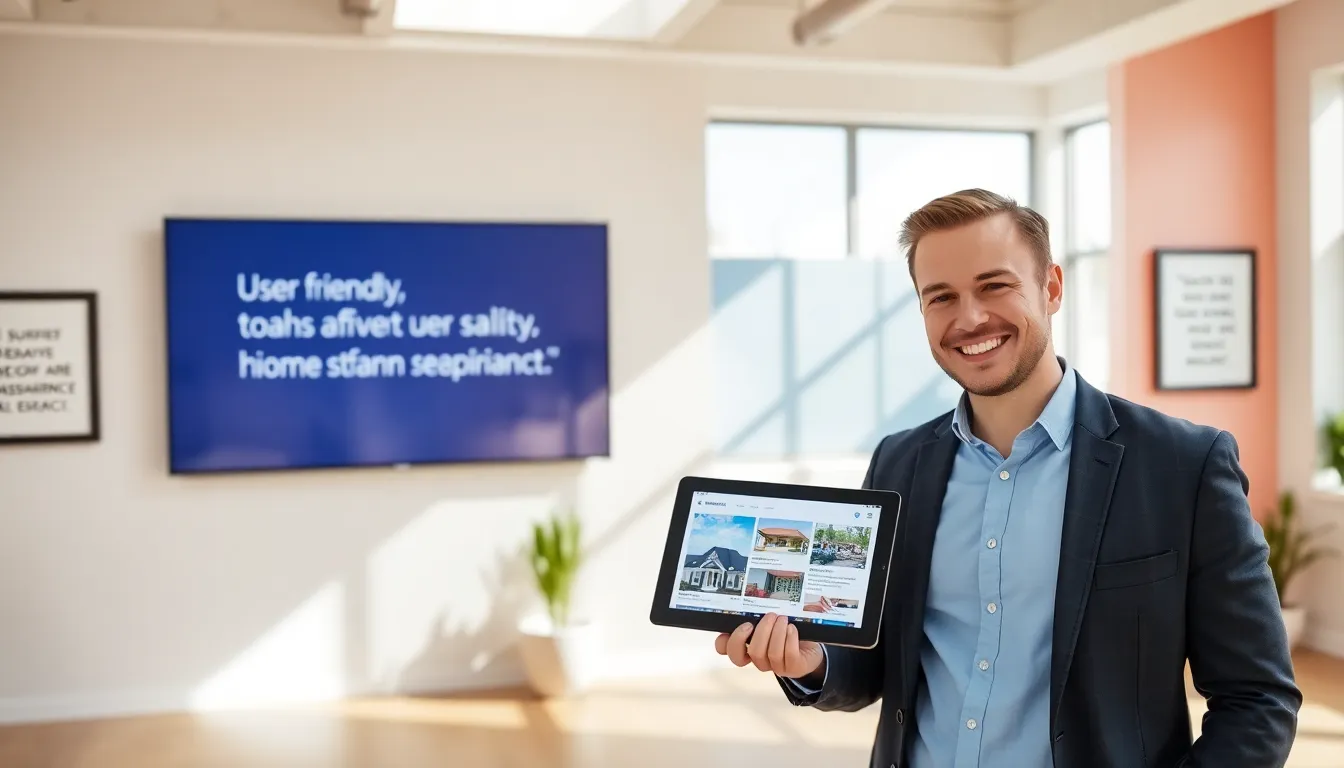 A realtor showcasing real estate listings on a tablet in a modern office.