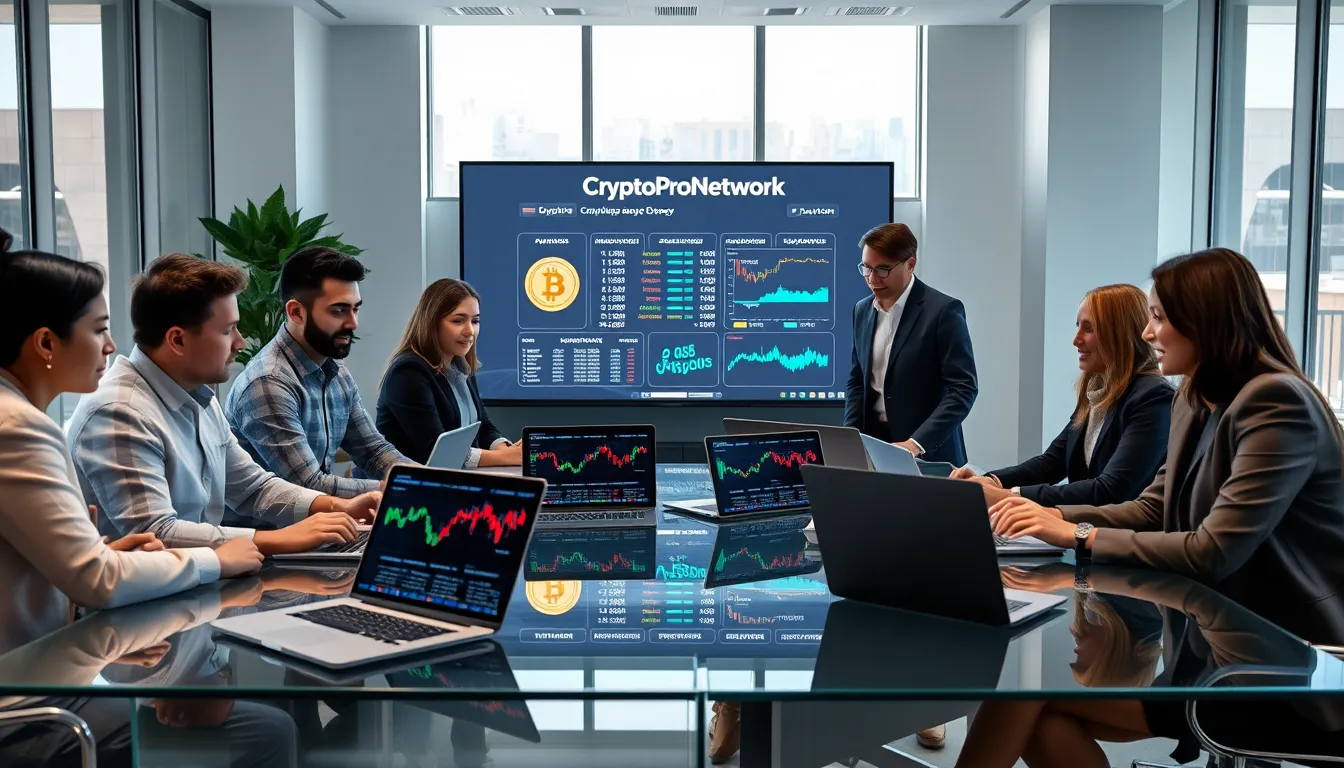 diverse professionals collaborating in a modern office on cryptocurrency insights.