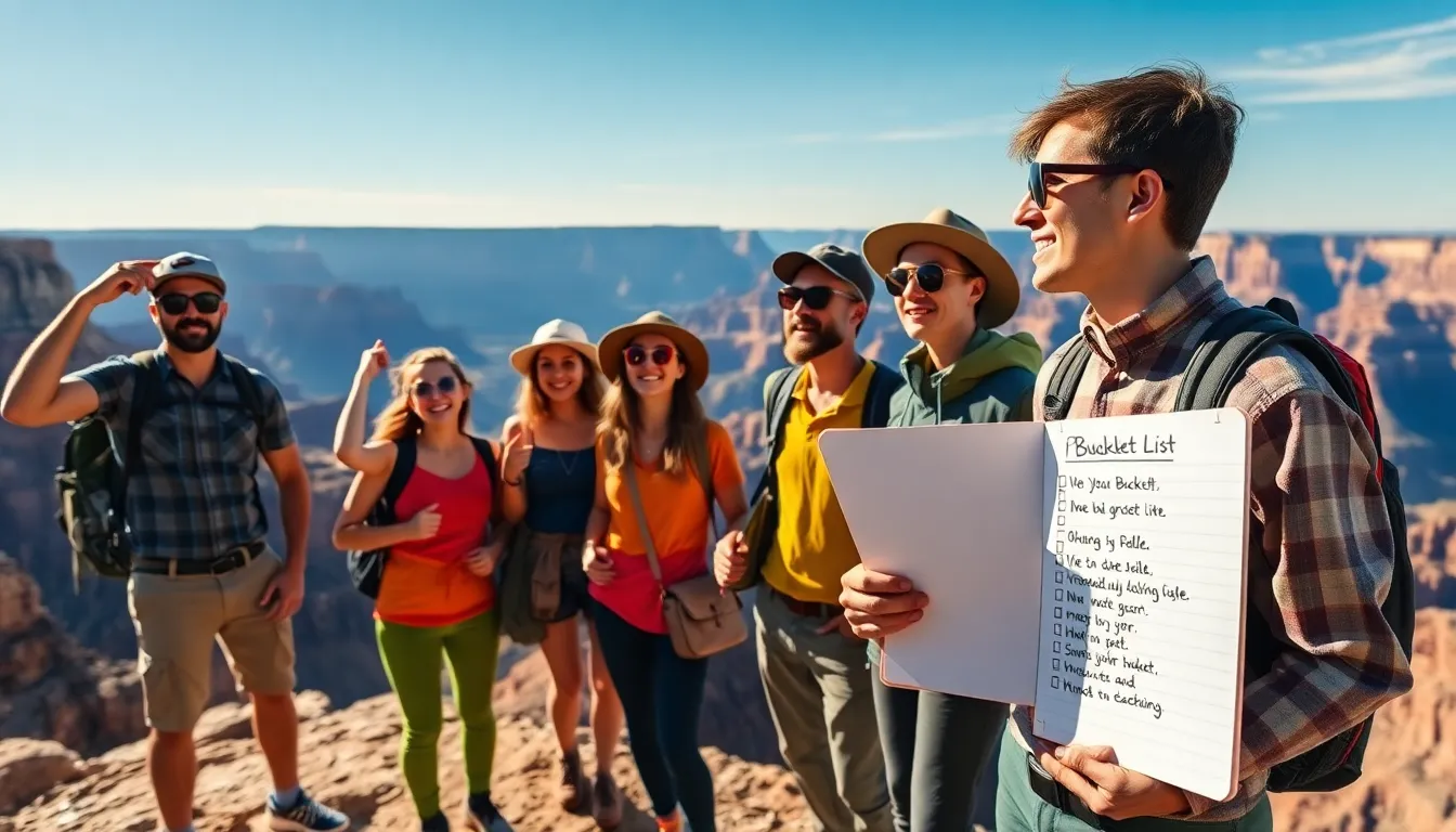 diverse travelers at the Grand Canyon with a bucket list.