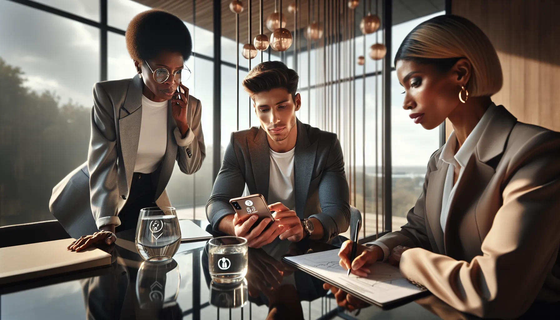 professionals discussing a call from 8335201984 in a modern office.