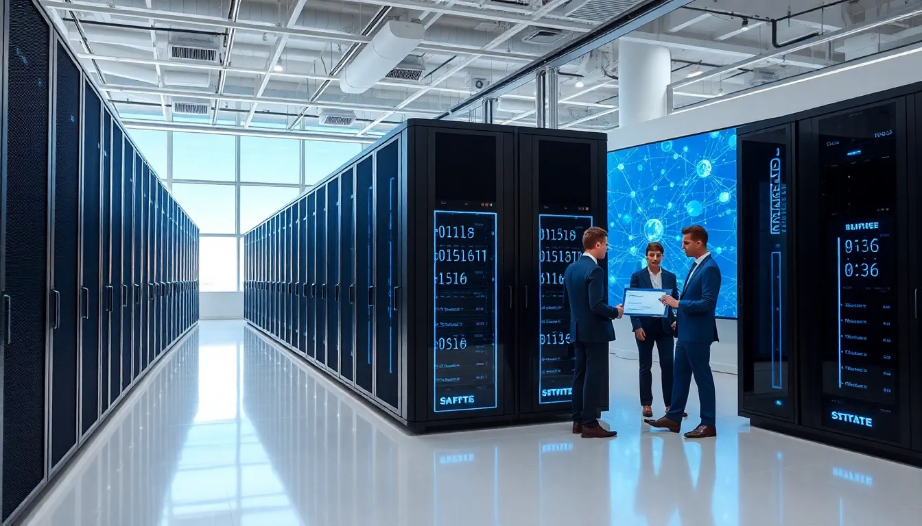diverse professionals collaborating around blockchain servers in a modern data center.