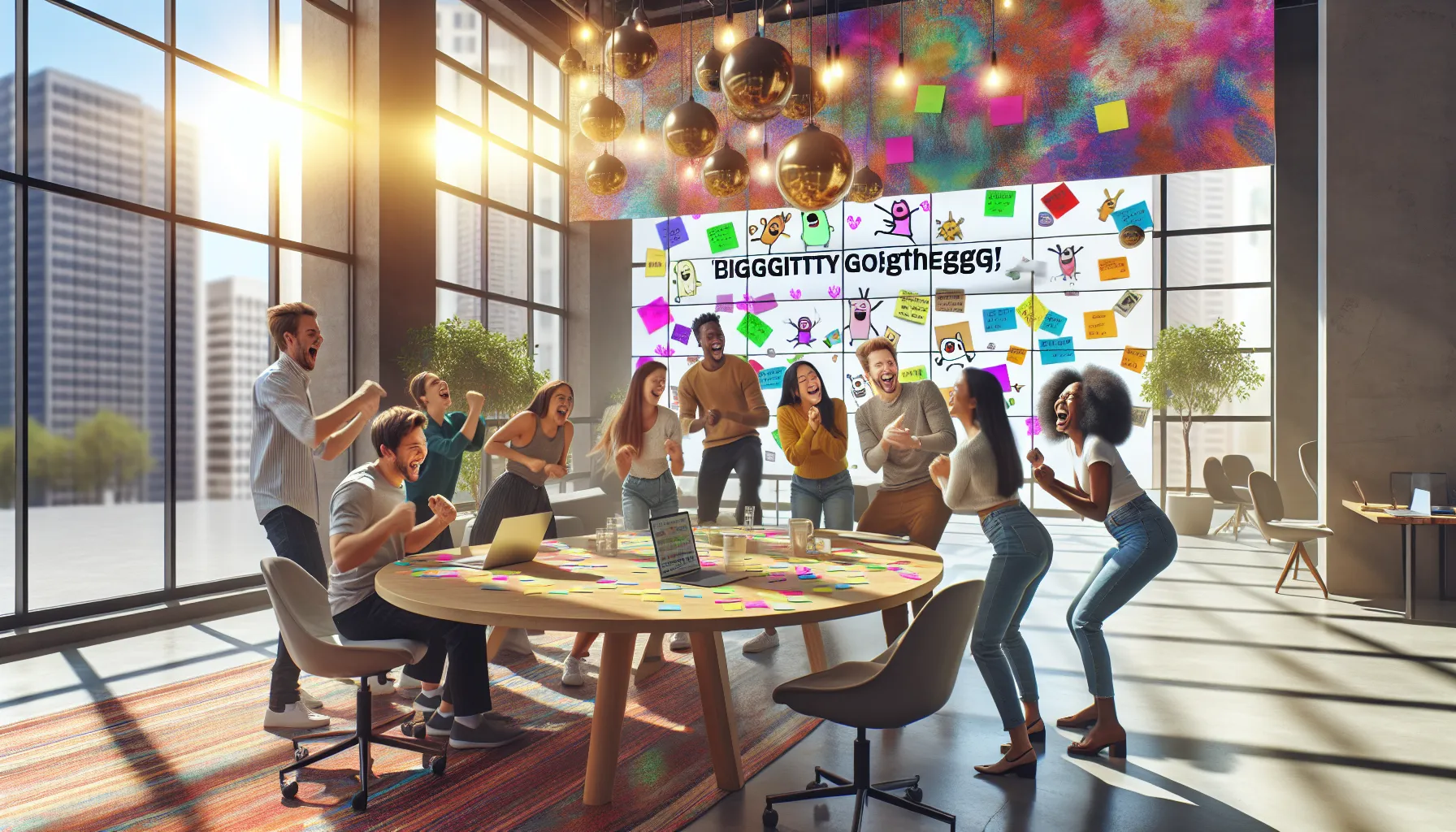 diverse group enjoying a creative brainstorming session about biggittygothegg.