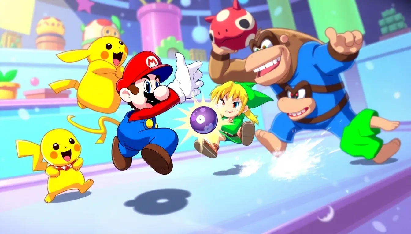 Iconic characters from Super Smash Bros 64 battling in a vibrant setting.