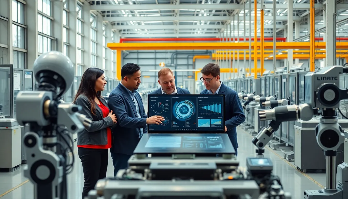 diverse team analyzing data in a modern factory setting.