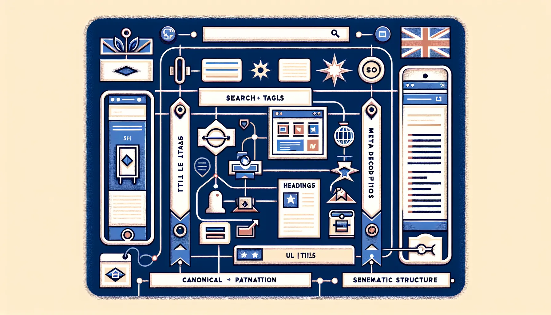 Infographic of on-page SEO elements for titles, headings, URLs, and canonicals.