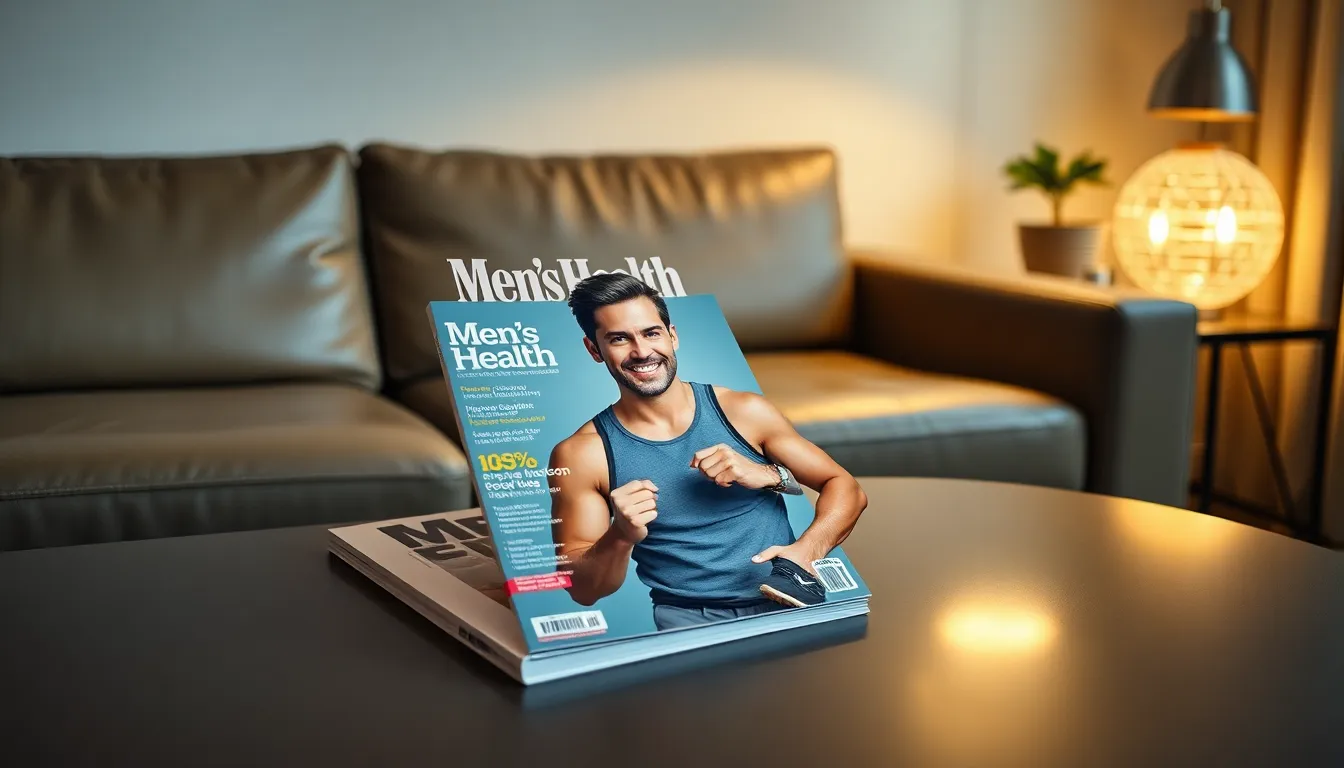 men's health magazine cover on a modern coffee table.