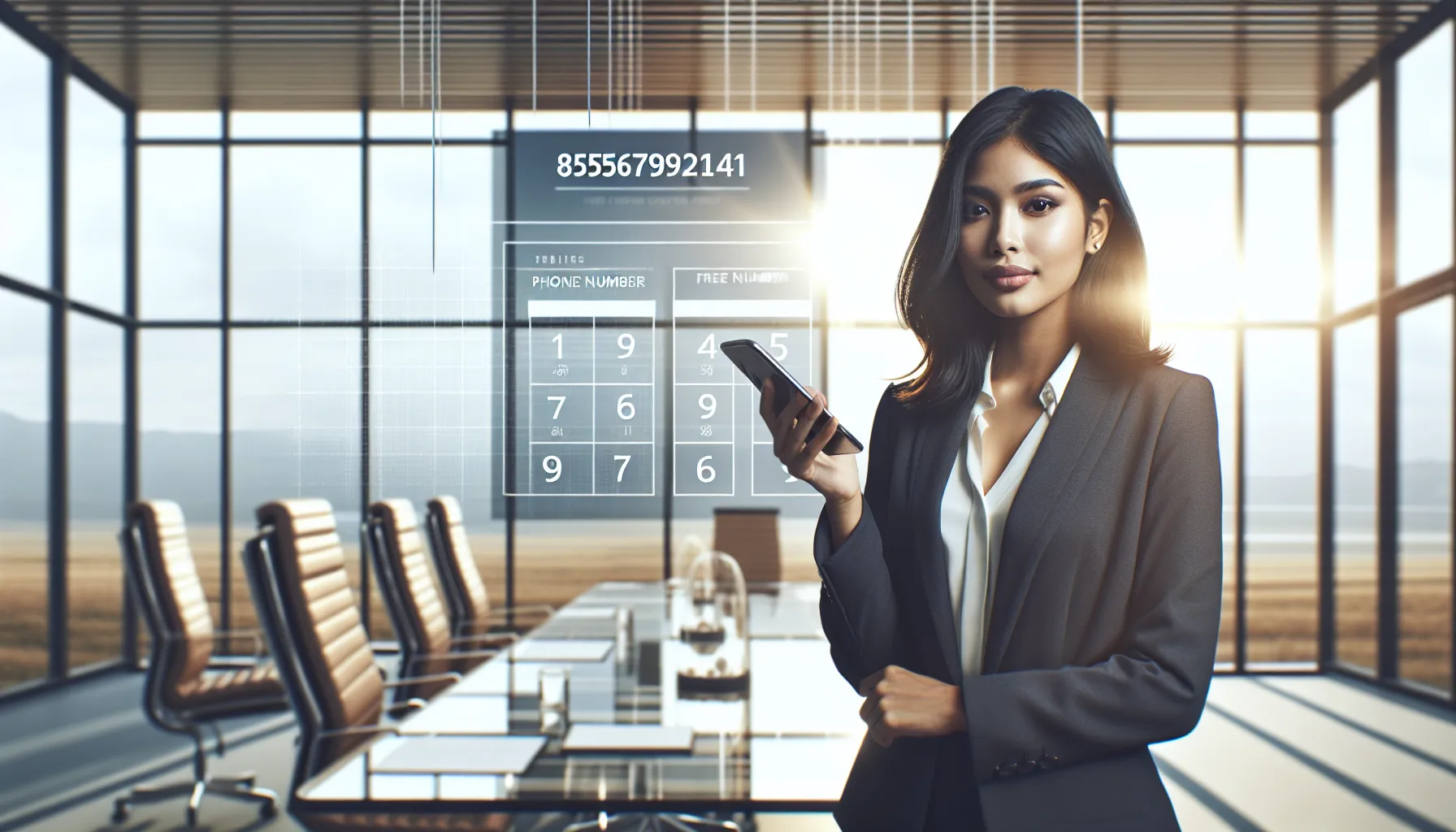 professional with smartphone displaying toll-free number in modern office.