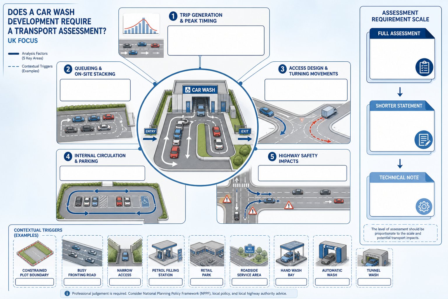 Infographic of car wash transport assessment factors and when it is required.