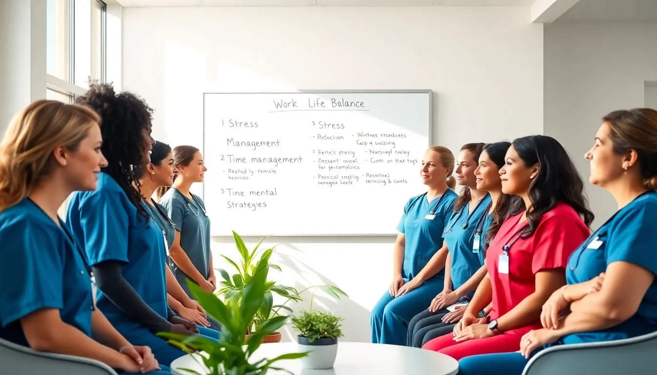 diverse nurses discussing work-life balance in a modern break room.