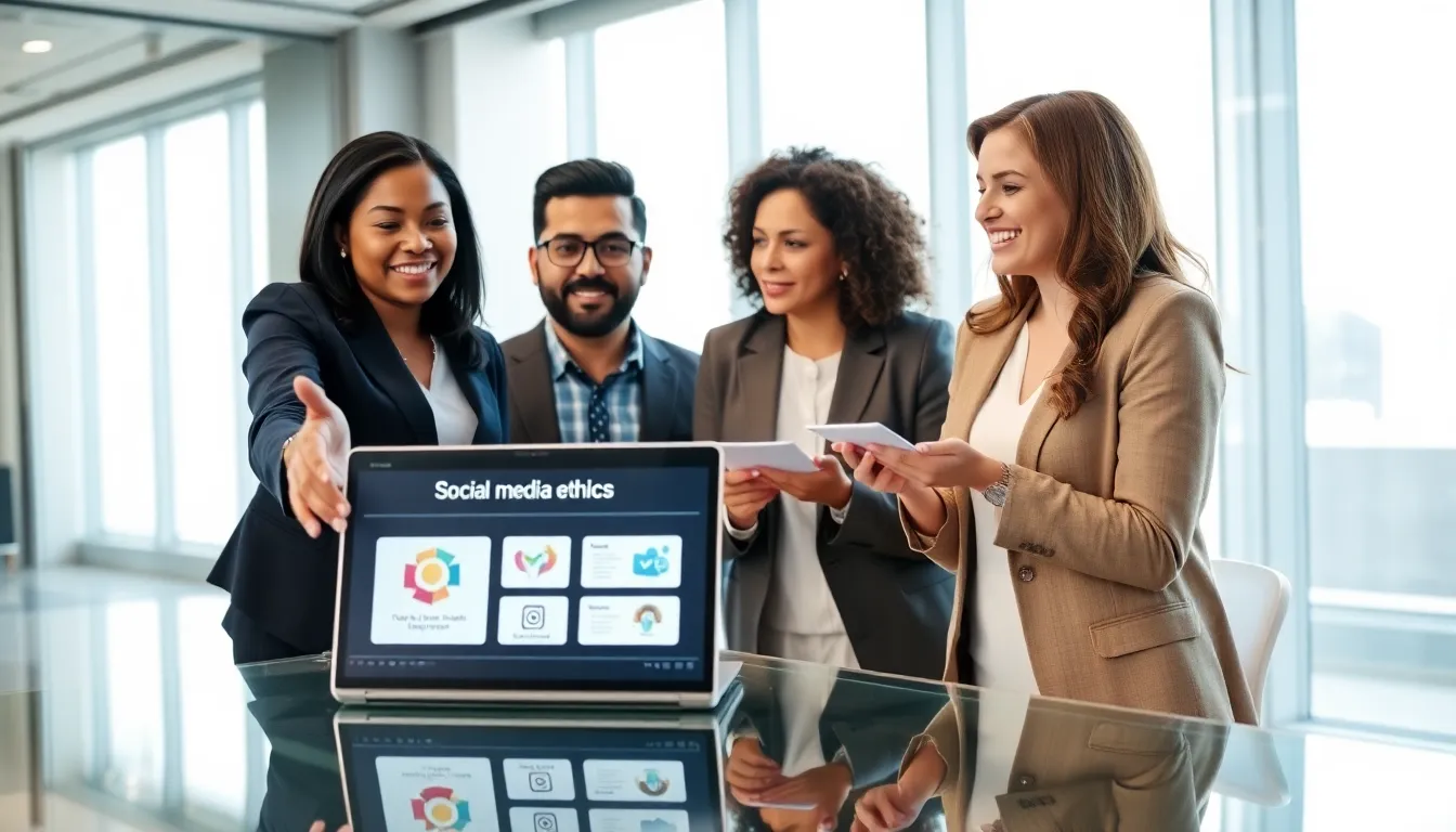 diverse team discussing social media ethics in a modern office.