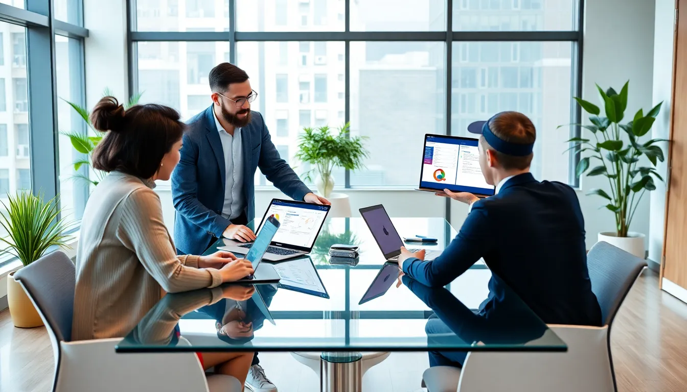 diverse professionals collaborating on software tools in a modern office.