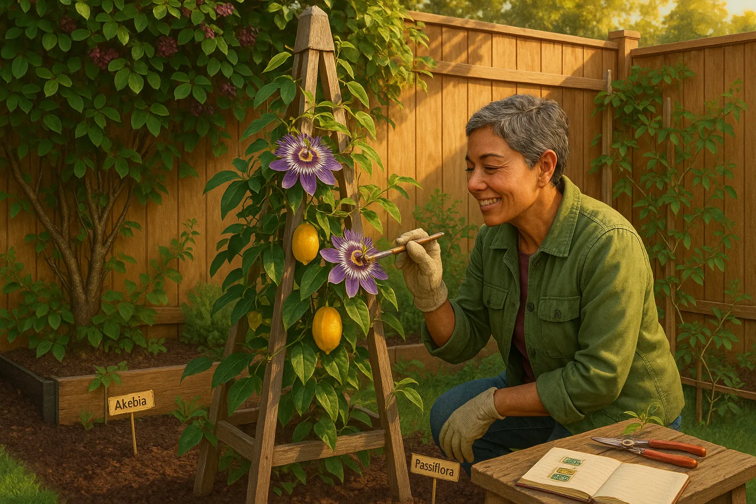 Gardener hand-pollinating a passionflower in front of an akebia-covered fence.