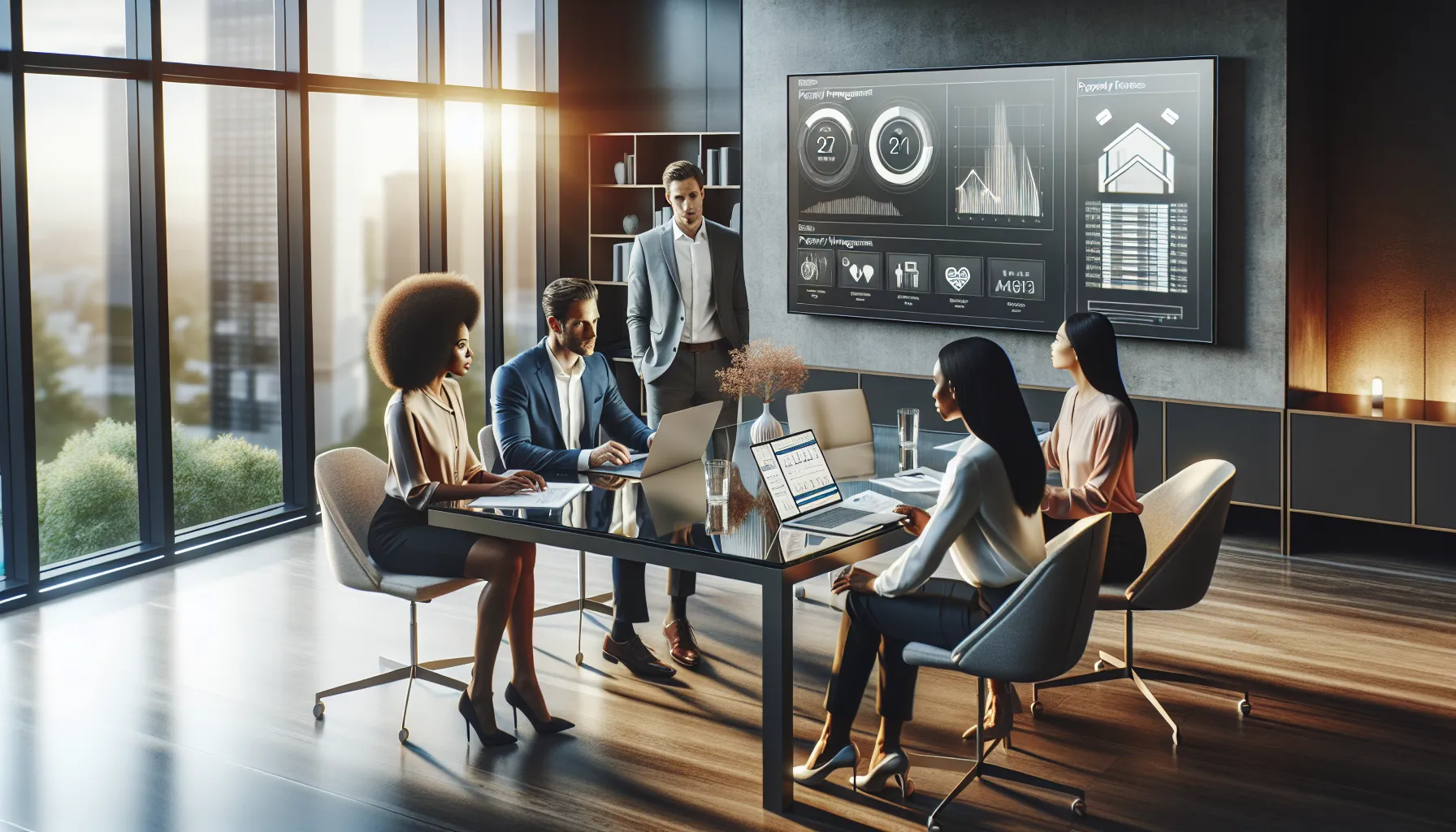 diverse team discussing property management in a modern office.