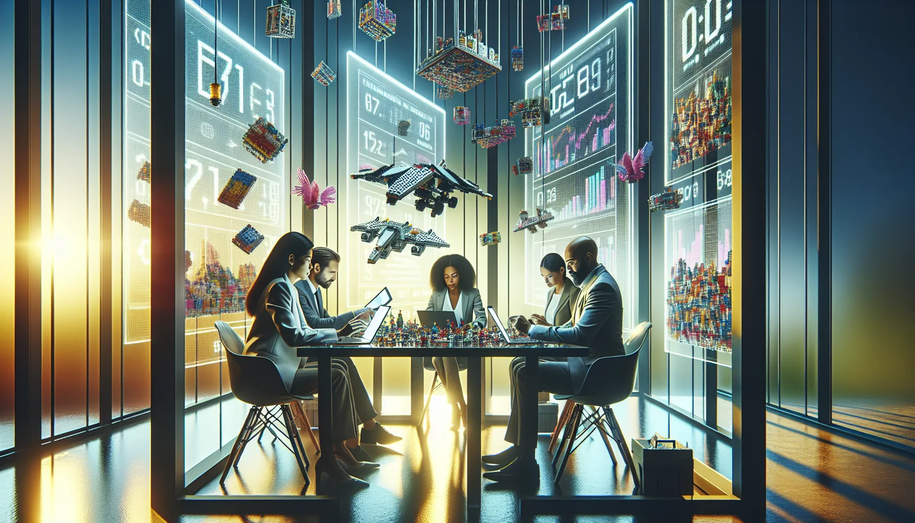 diverse team discussing Lego purchase value in a modern office.