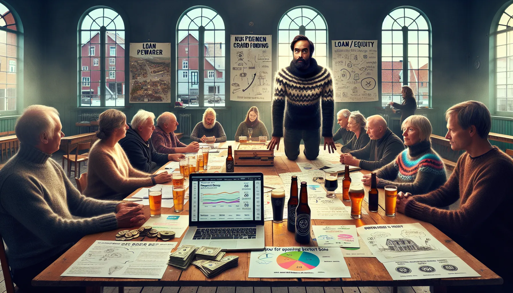 Locals around a table planning different crowdfunding types for norwegian community projects.