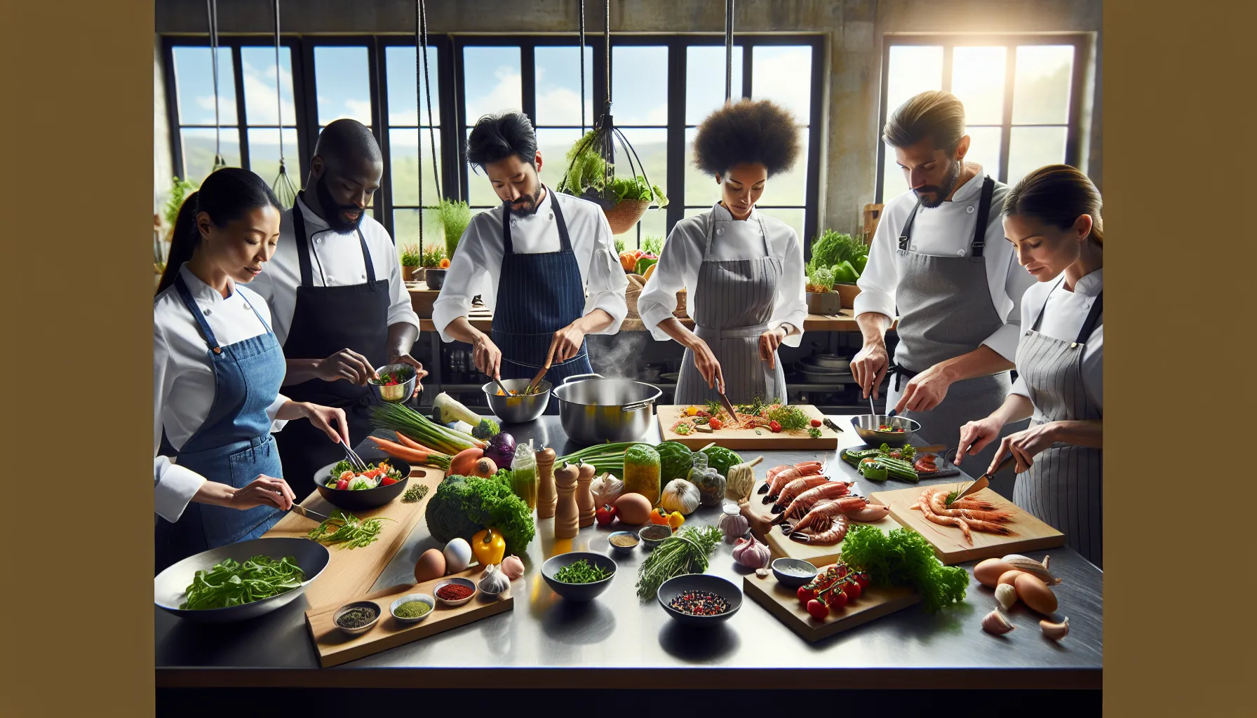 diverse chefs preparing colorful regional dishes in a modern kitchen.