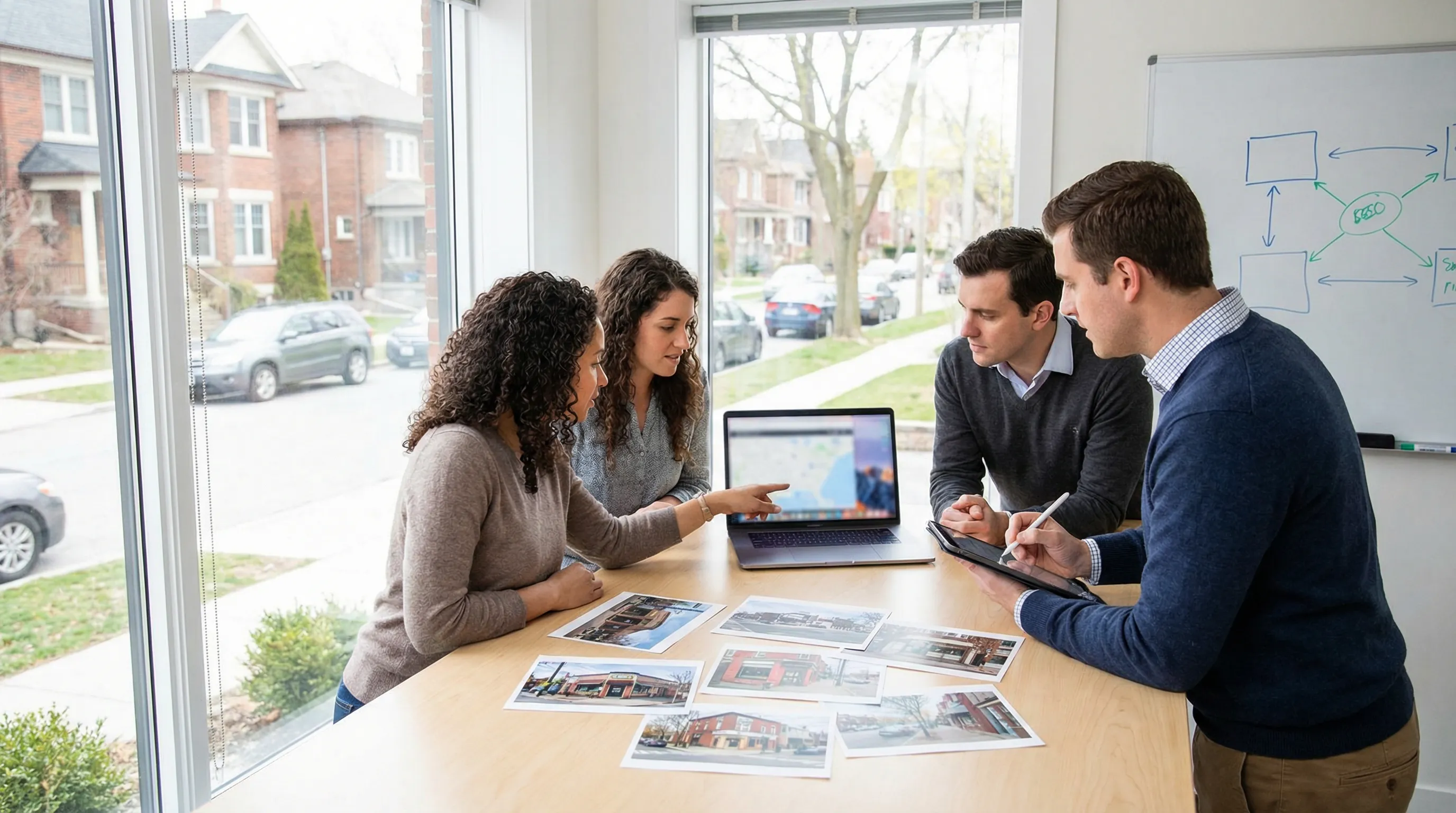 Team in a modern Pearland office collaborating over a laptop and local business photos while planning online visibility for neighborhood shops.