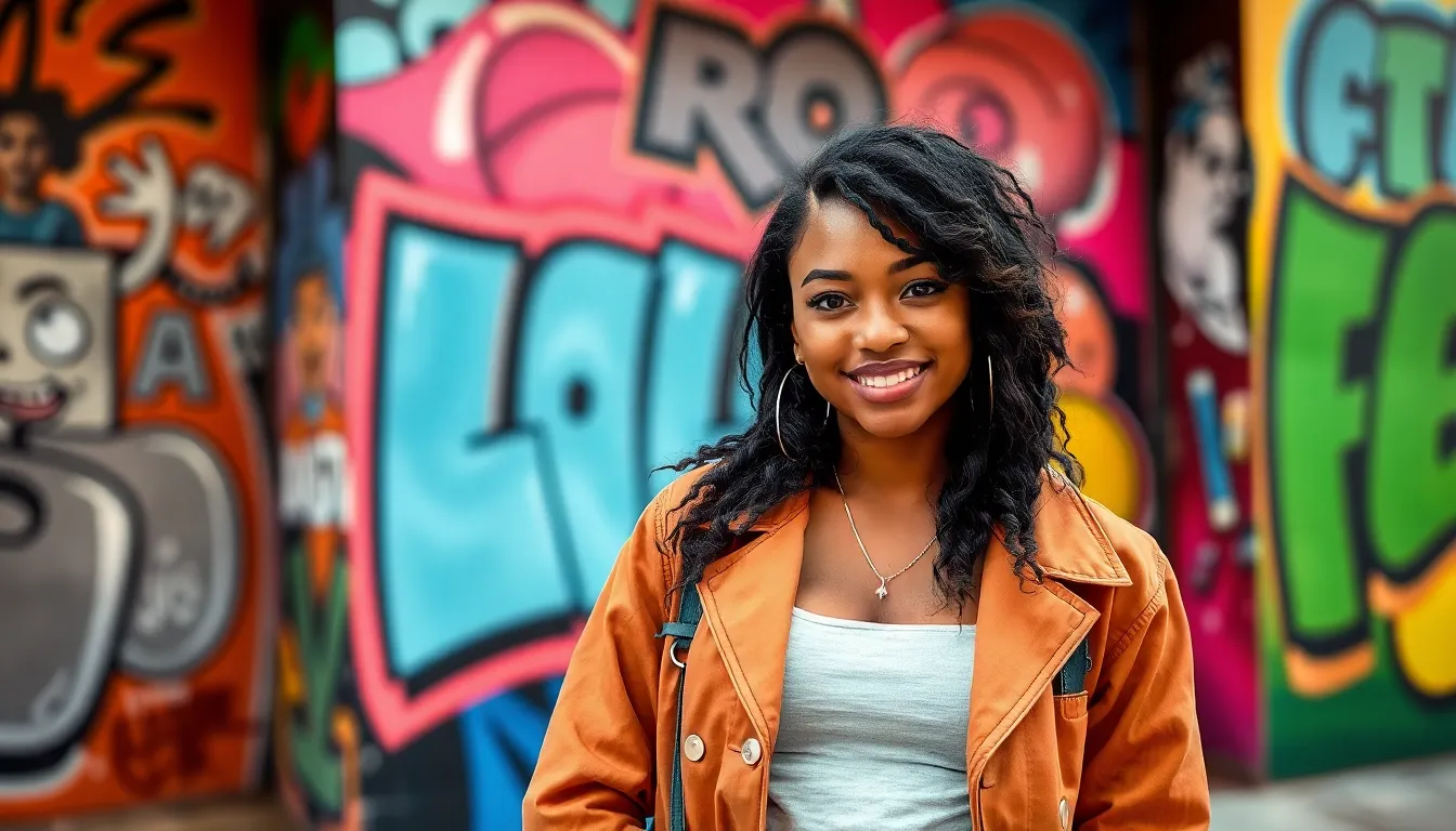 Miss Leah Adams X in a vibrant urban setting with colorful art.