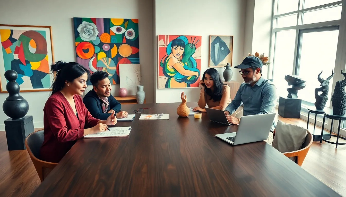diverse group collaborating in an art studio.