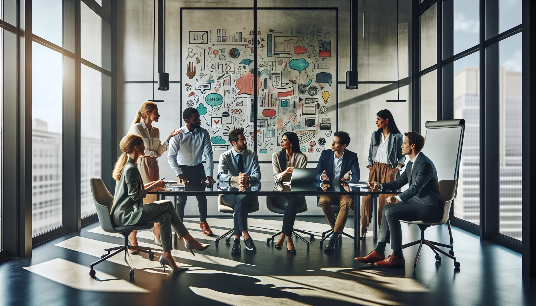 diverse professionals discussing creative language concepts in a bright office.