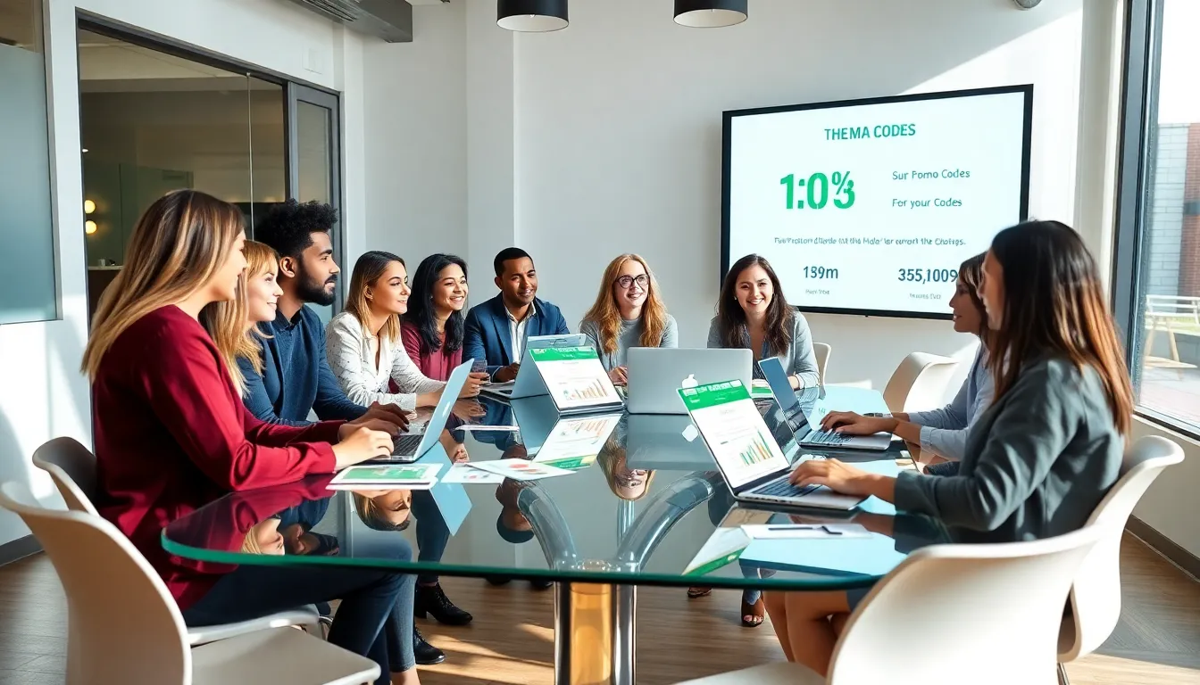 diverse team discussing promo codes in a modern office.