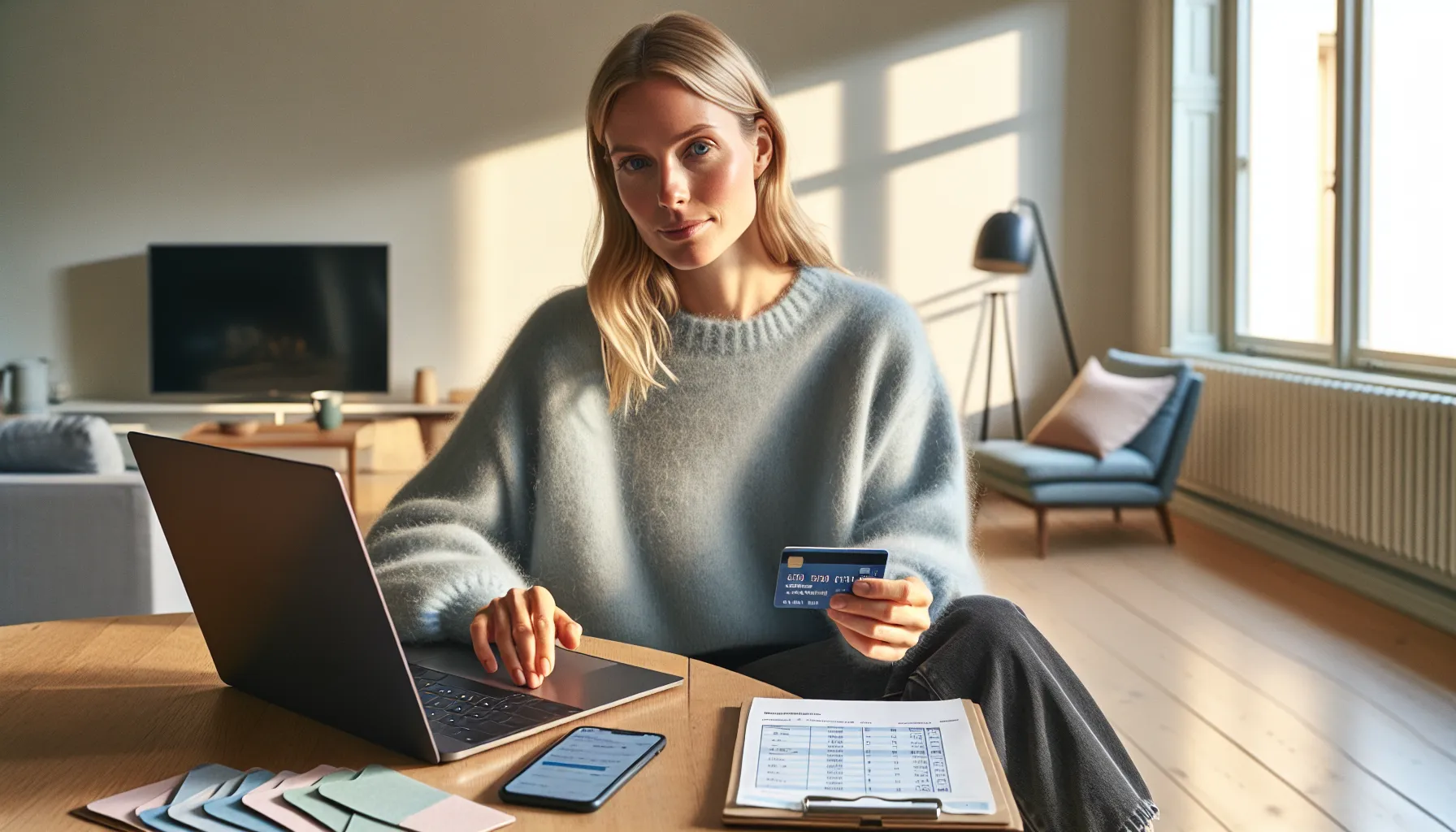 Norwegian woman calmly managing budget with credit card and laptop at home.