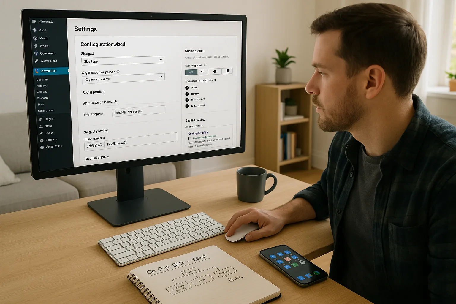 Marketer configuring Yoast SEO settings on a WordPress site in a home office.