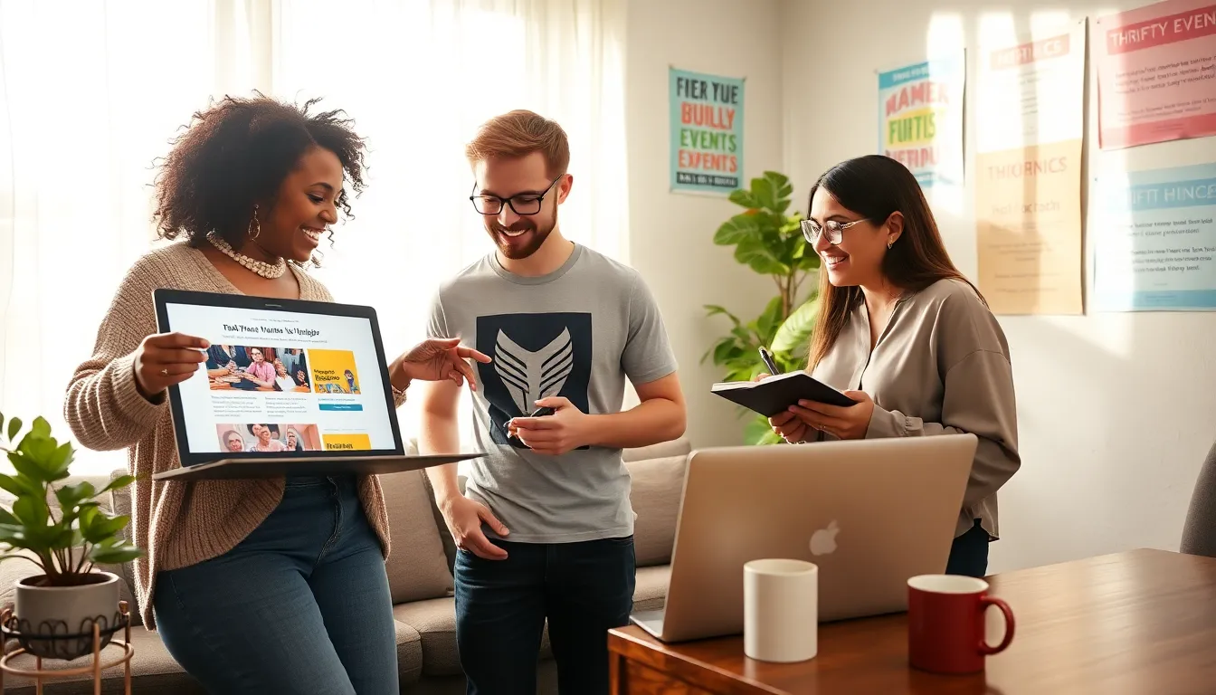 A diverse group collaborating in a cozy home office on blog ideas.