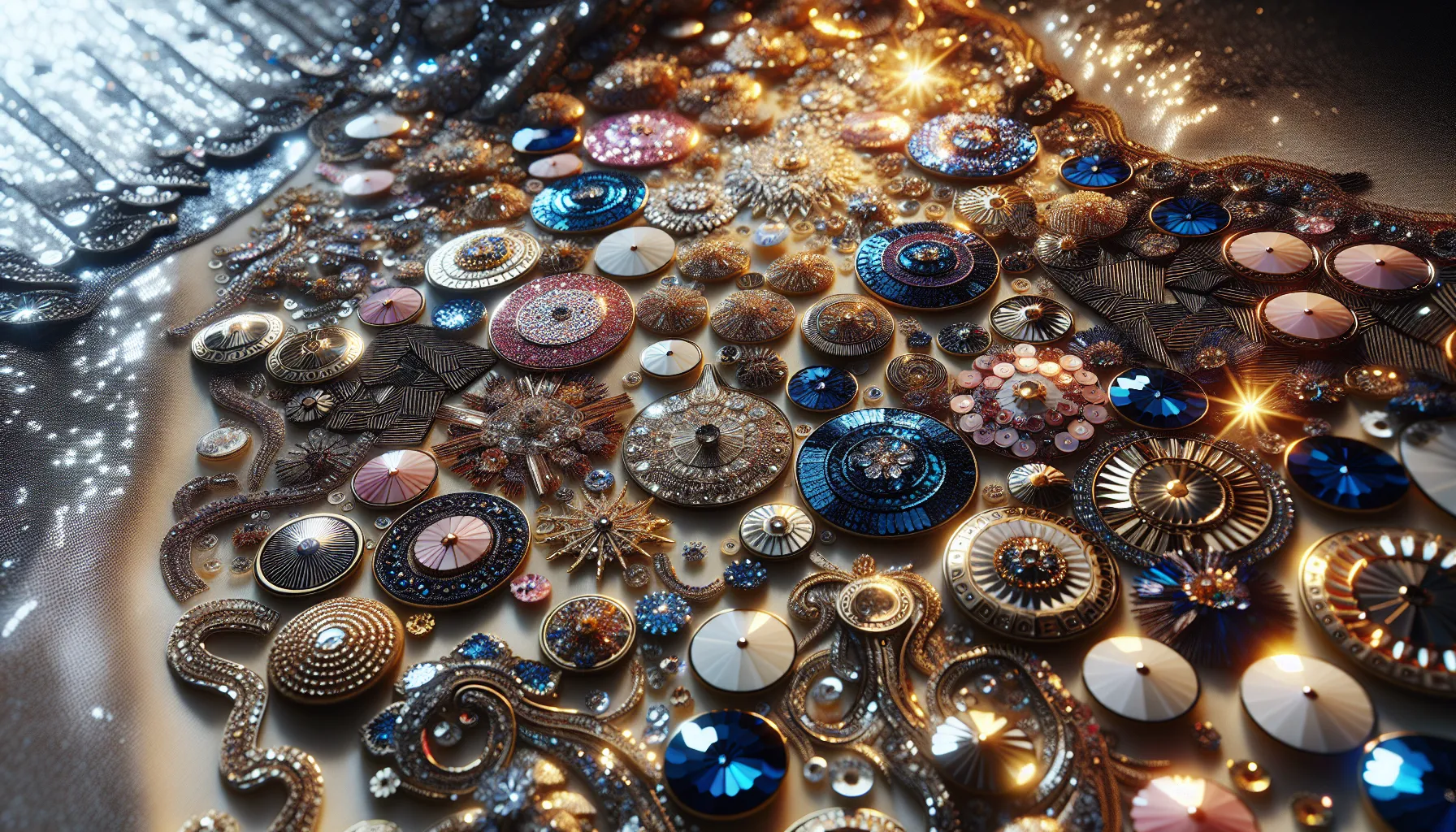 Close-up of shiny sequins on elegant fabric in various shapes.