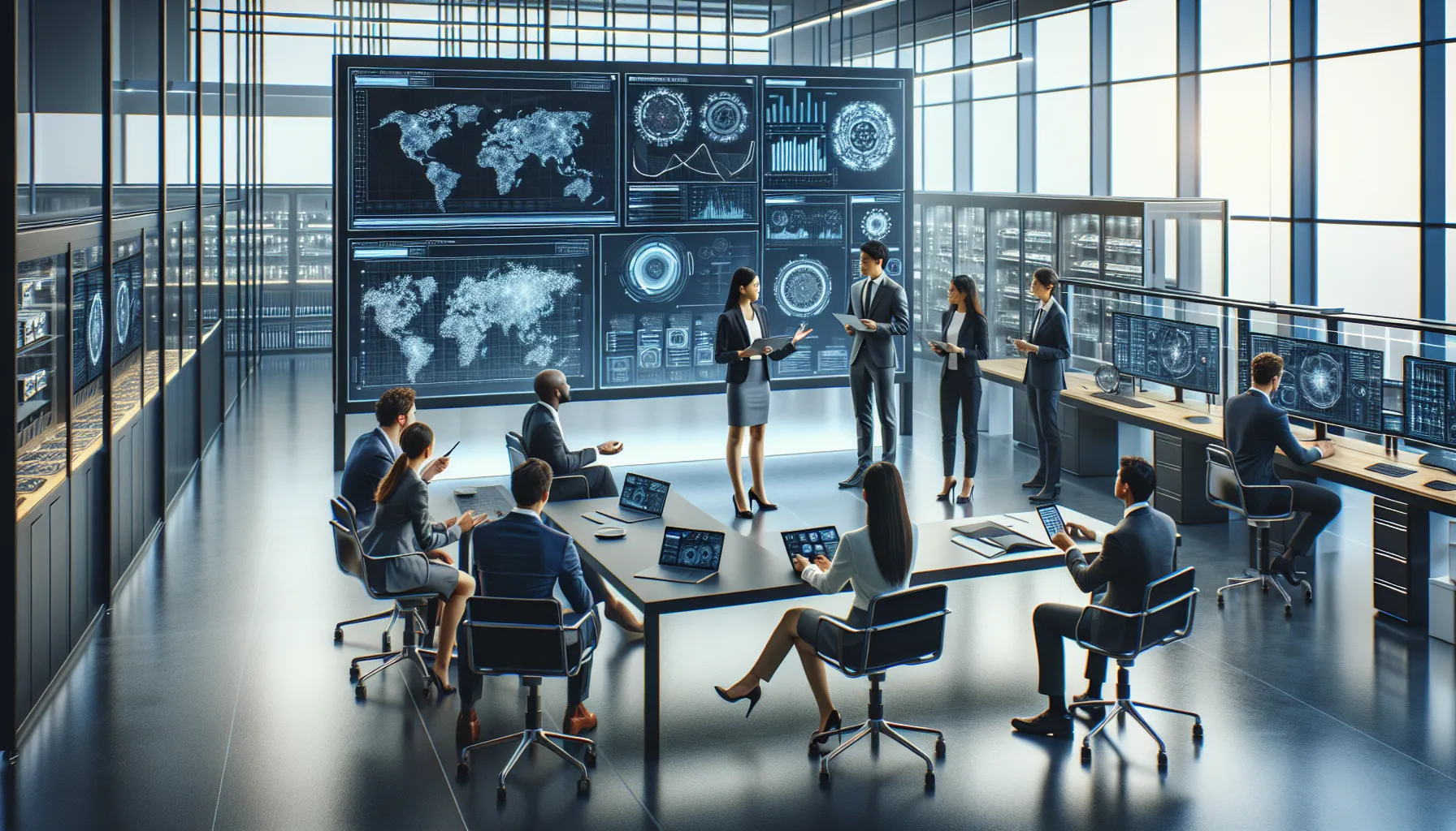 diverse team discussing advanced data analysis in a modern lab.