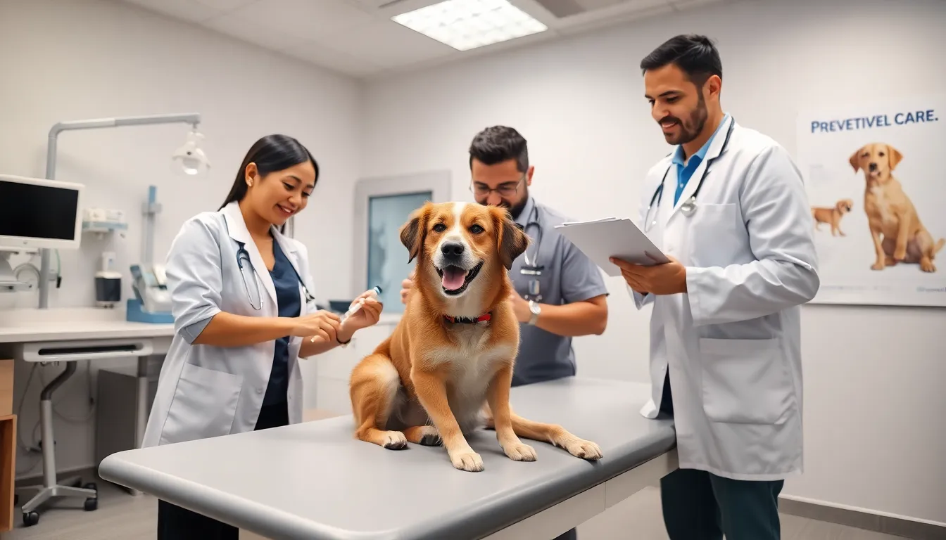 veterinarians providing preventive care for a dog in a clinic.
