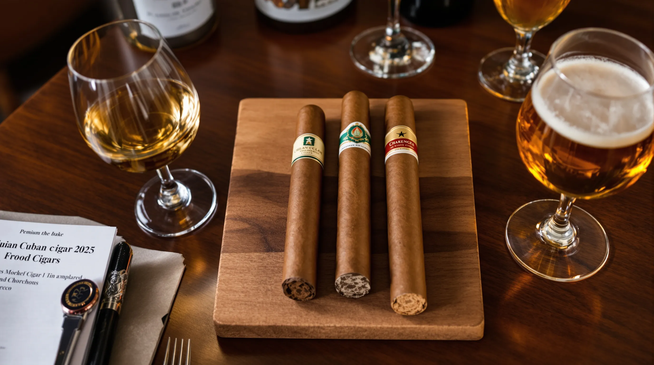 Cuban cigar tasting board with wine and beer pairings in a London lounge.