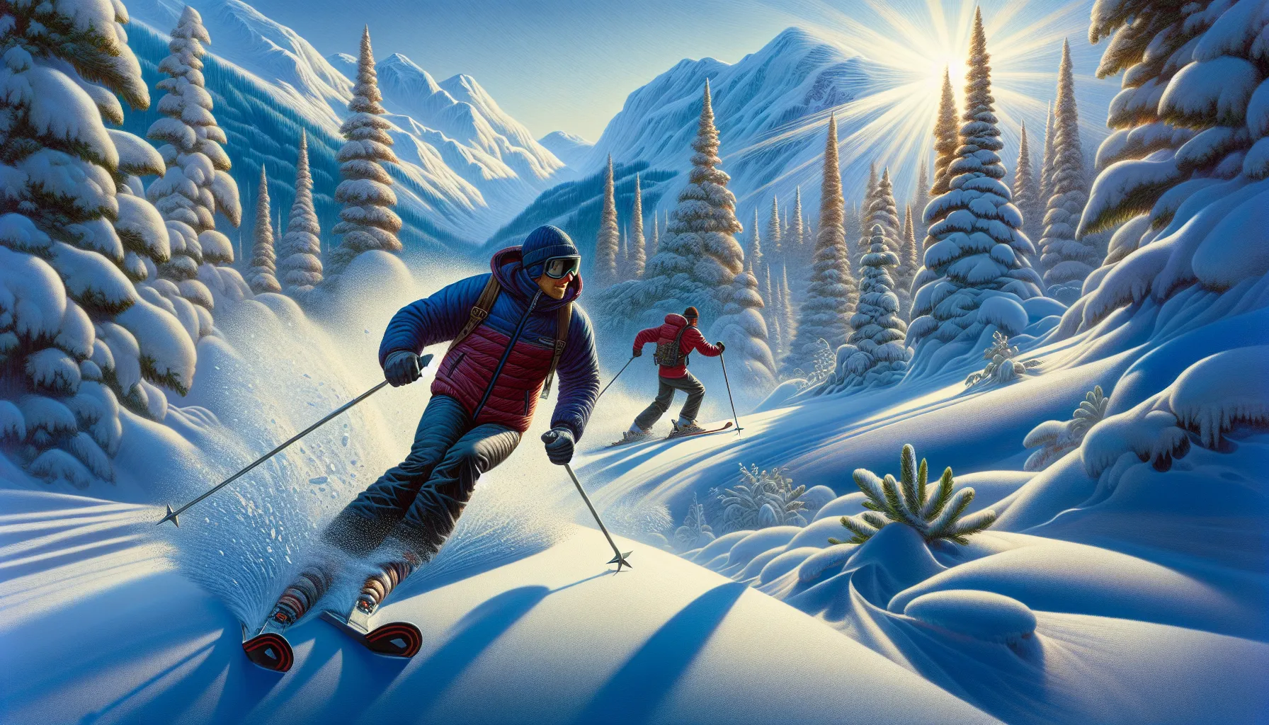 A skier and snowshoer on snowy trails amidst a mountainous landscape.