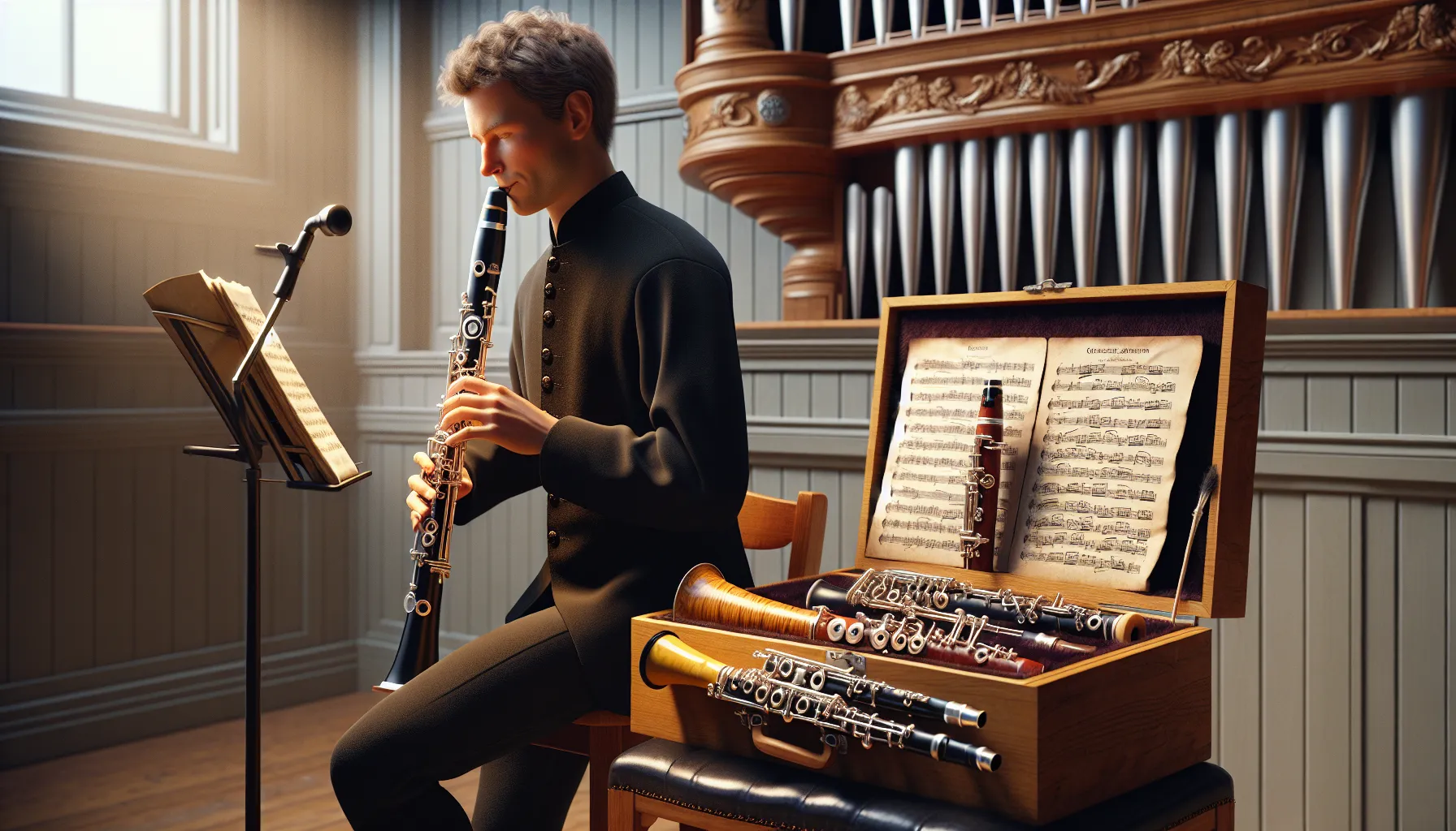 Oboens rolle i klassisk musikk 3 Norwegian oboist with modern oboe, historic oboes and scores in concert hall.