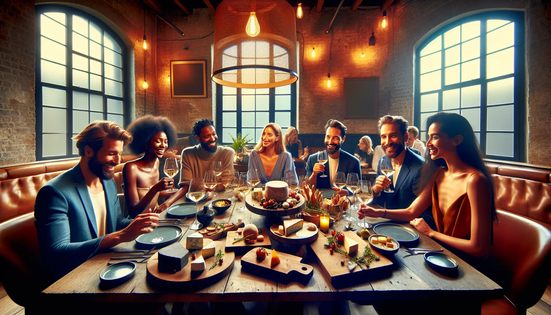 friends enjoying artisanal food and wine in a cozy European-style bistro.