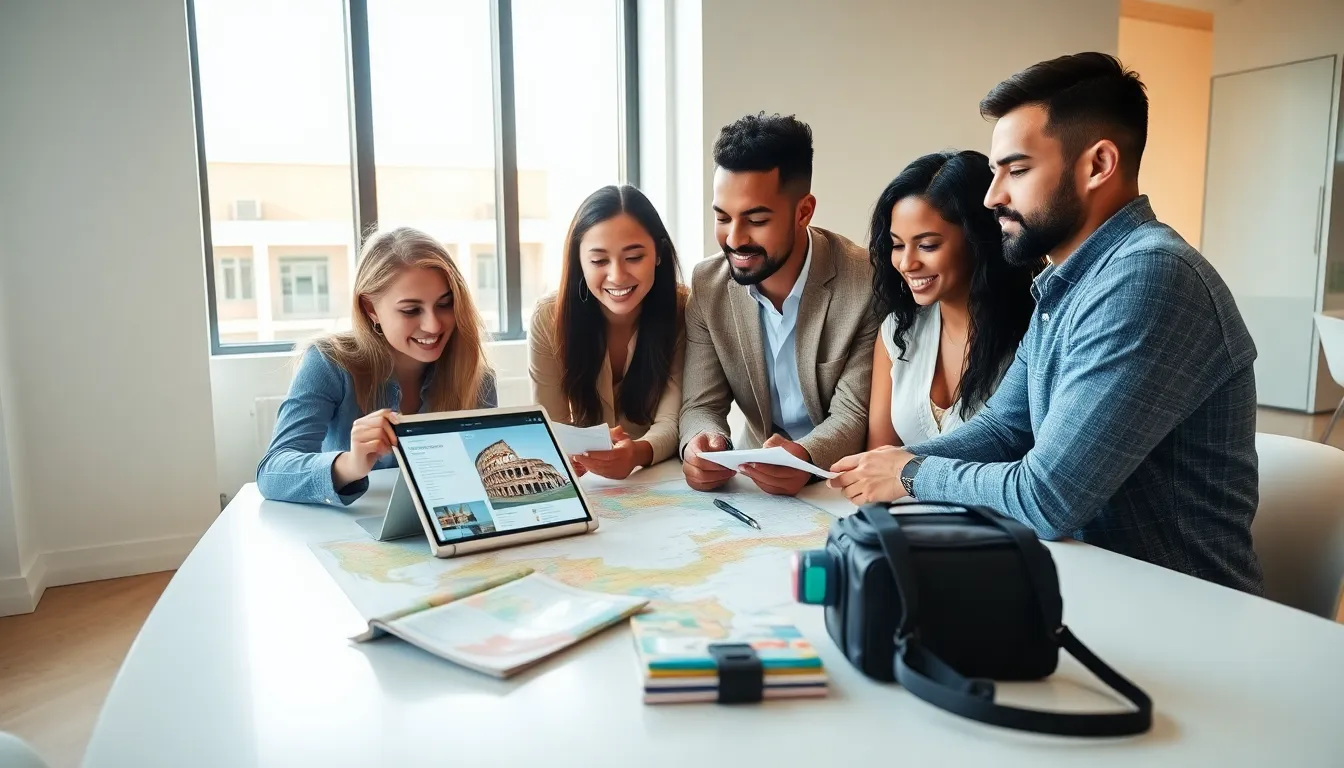 group planning a trip to Rome in a modern office.