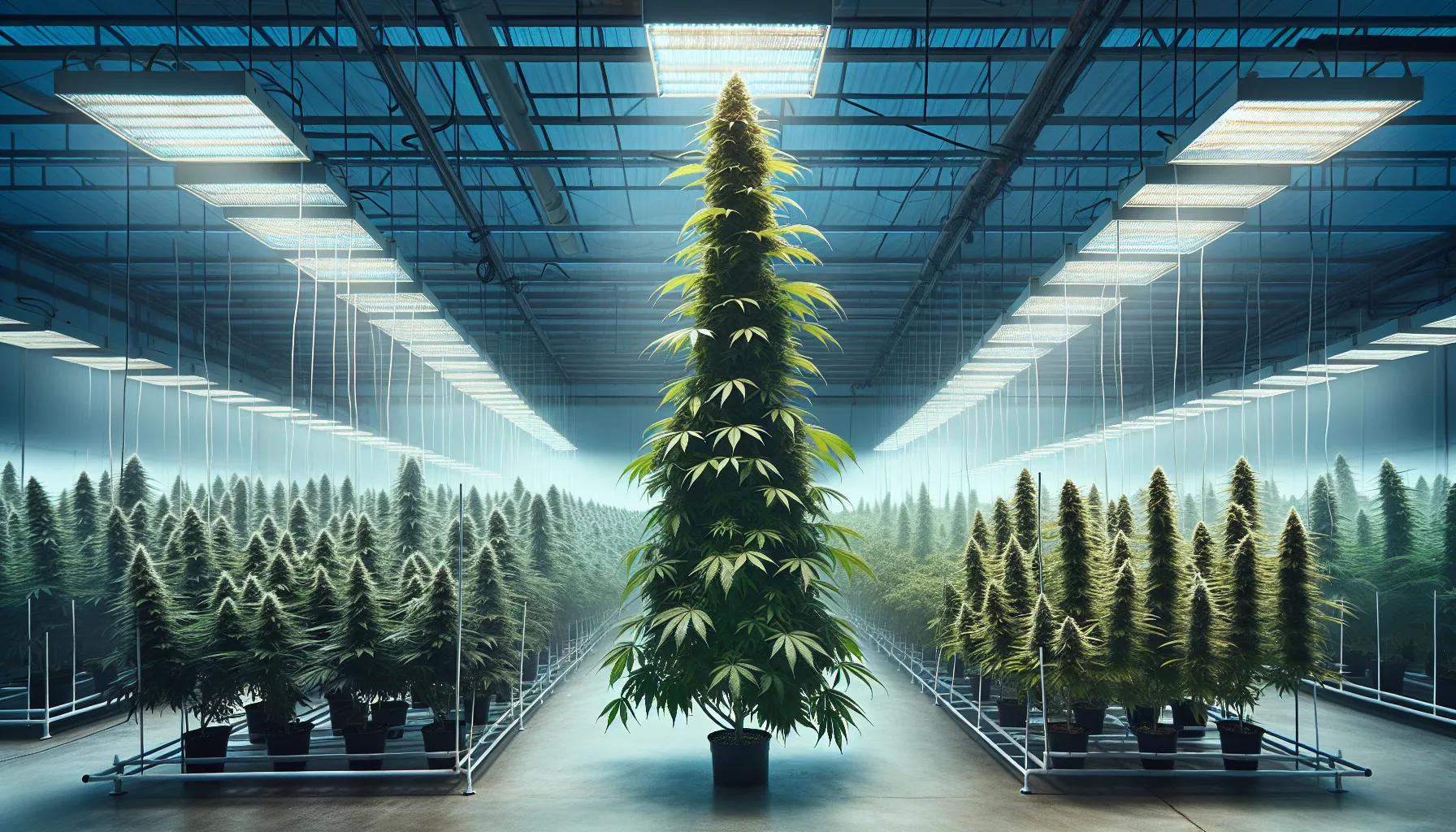 Comparison of Sativa and Indica cannabis plants in a greenhouse.