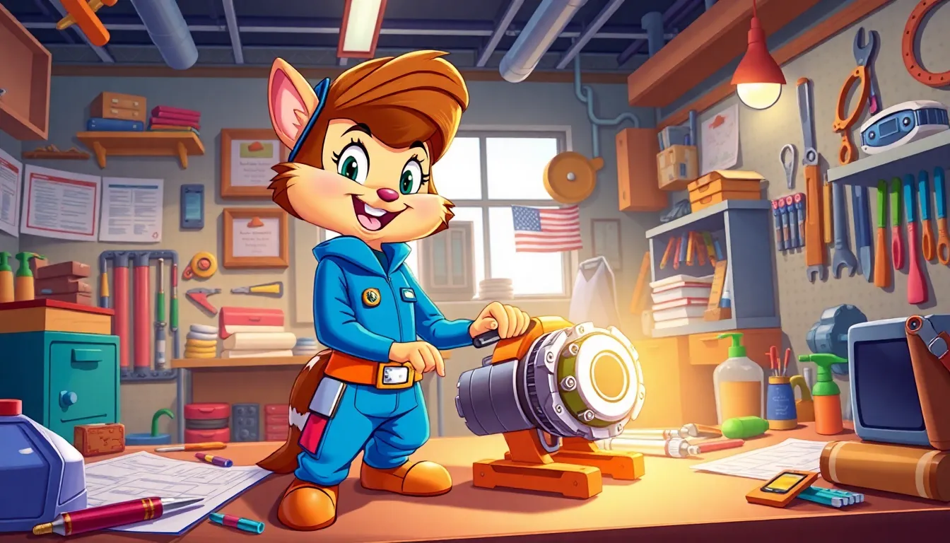 Gadget Hackwrench in a cheerful workshop, surrounded by tools and gadgets.