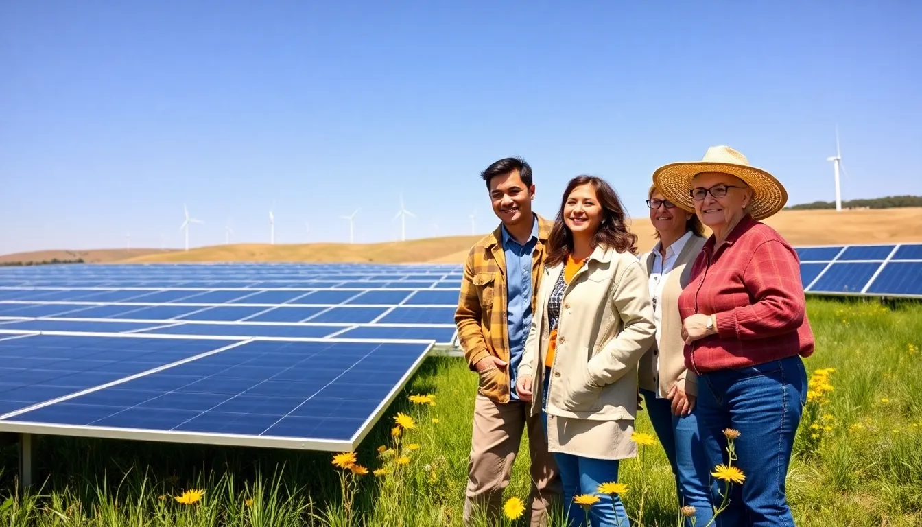 A diverse group examining solar panels in a sunny renewable energy farm.