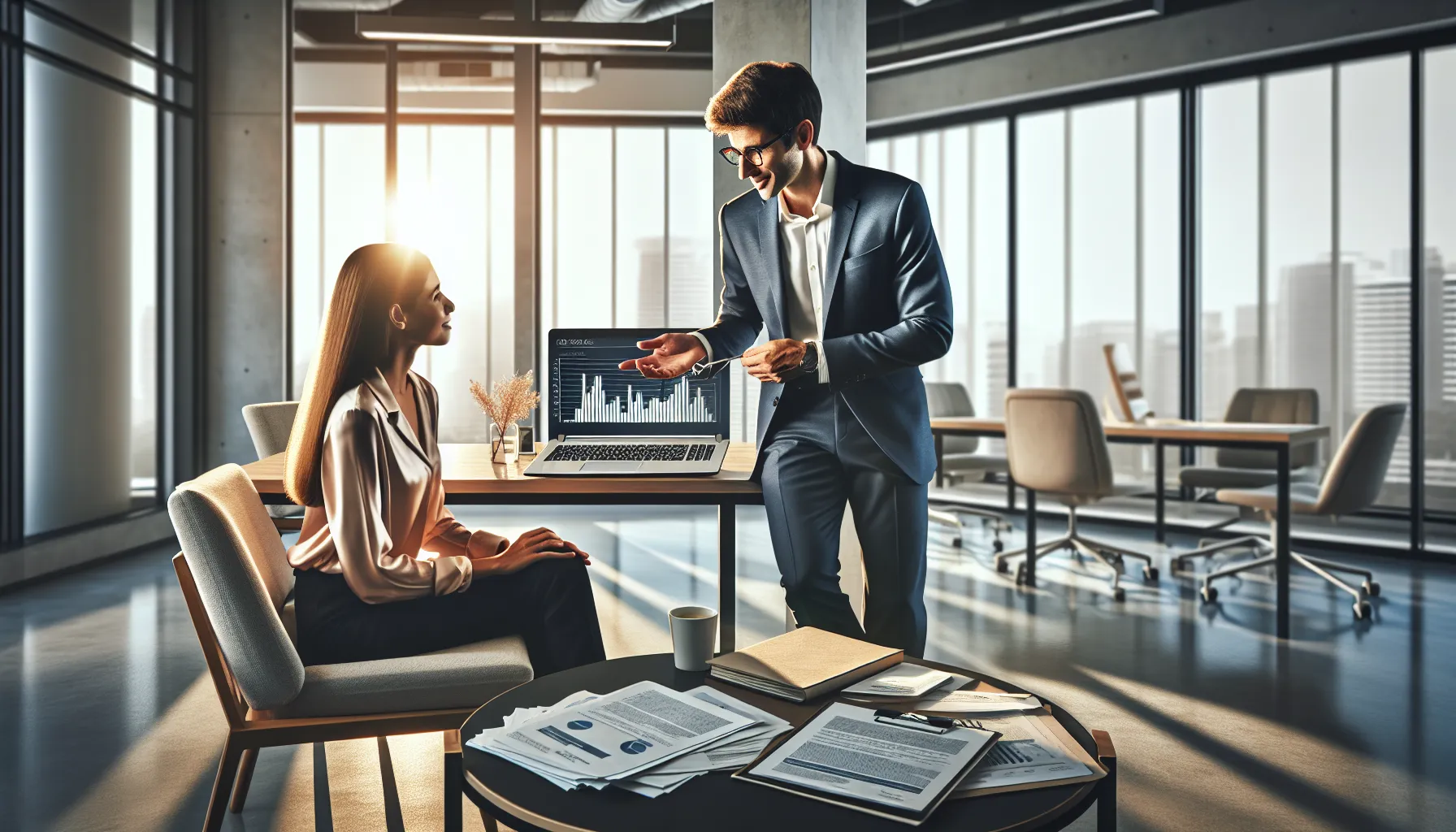 A financial advisor discussing options with a client in a modern office.