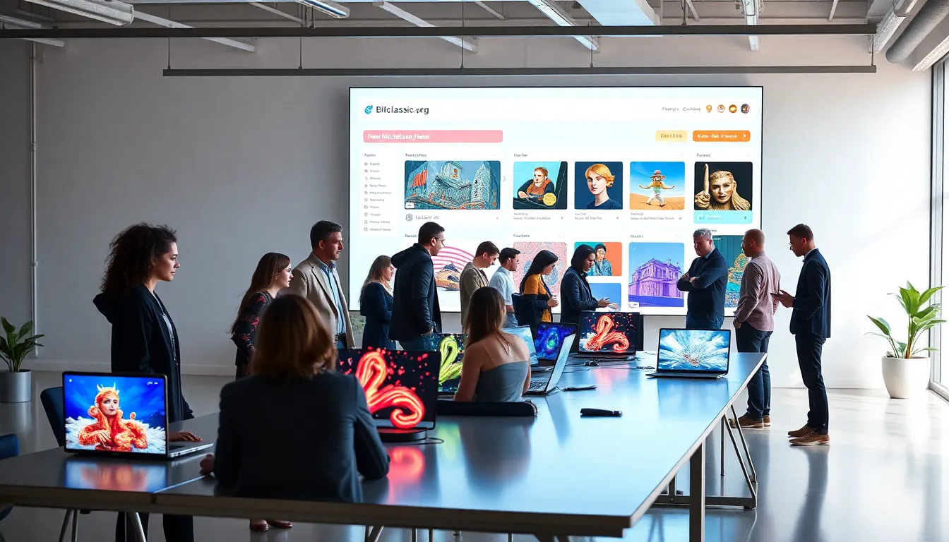 diverse artists collaborating over digital art in a modern workspace.