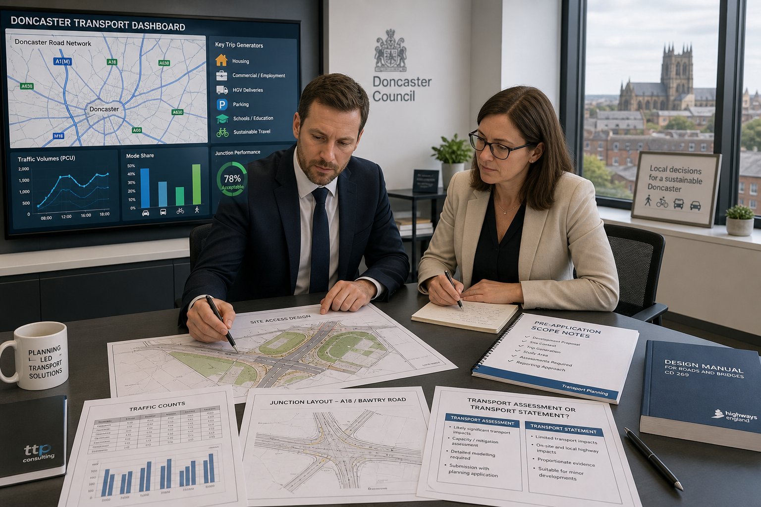 Traffic engineer reviewing development transport assessment requirements in a modern office.